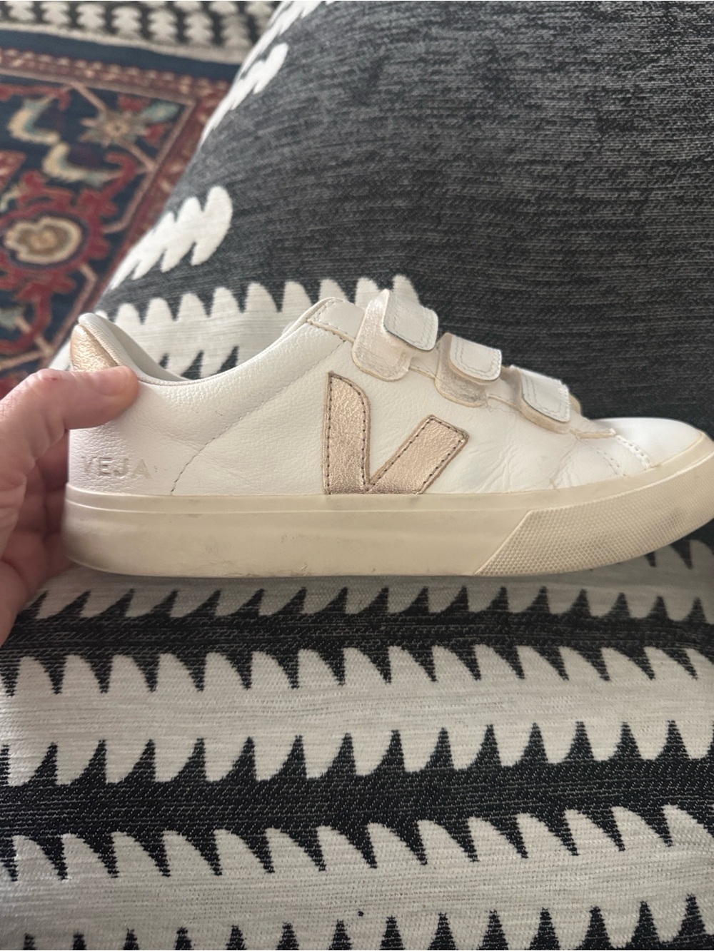 Veja  White Sneakers with Metallic Rose Gold Accents - Velcro